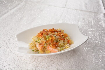 chinese style egg fried rice with japanese sakura shrimp and prawn seafood meat in white background asian halal menu