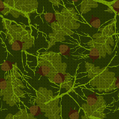Hunting, fishing, print for clothes. Forest pattern with oak leaves and acorns. Vector.