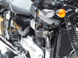 Detail of new engine of motorcycle technology shiny and clean from factory the transportation...