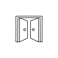 Double door icon, door house icon in flat black line style, isolated on white background 