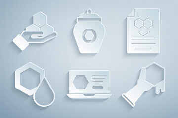 Set Honey online service, Honeycomb, and hand, Jar of honey and icon. Vector