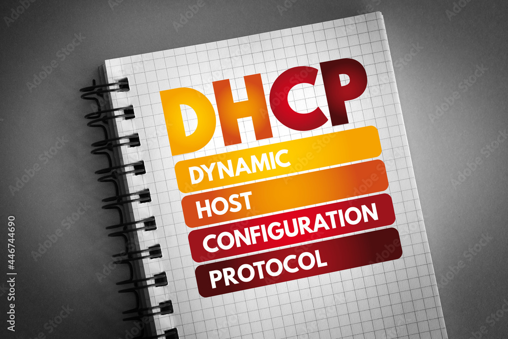 Poster dhcp - dynamic host configuration protocol acronym on notepad, technology concept background