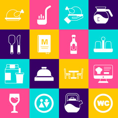 Set Toilet, Online ordering and delivery, Salt pepper, Roasted turkey chicken, Restaurant cafe menu, Knife spoon, and Wine bottle icon. Vector