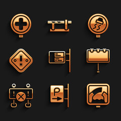 Set ublic transport board, Parking, Drawbridge ahead, Billboard with lights, Road barrier, Exclamation mark triangle, Slippery road traffic and Hospital icon. Vector