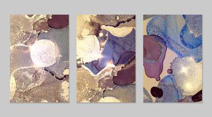 Marble set of gold, purple and blue backgrounds with texture. Geode pattern with glitter. Abstract vector backdrops in fluid art alcohol ink technique. Modern paint with sparkles for banner, poster