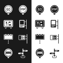 Set Road traffic sign, Speed limit, Stop, Billboard with lights, ublic transport, and Pedestrian crosswalk icon. Vector