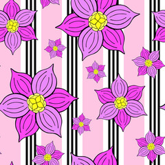Abstract fantasy flowers seamless pattern on contrast stripes background. Stylized doodle floral motifs endless texture. Ditsy editable repeating surface design. Flat boundless botanic ornament