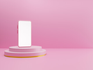 The pink phone is placed on the podium.