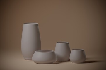3D rendering, Ceramic vases on gray background, minimal vases, concept vases 3D