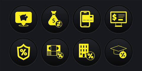 Set Loan percent, Monitor with dollar, Money, House percant discount, Mobile banking, bag, Graduation cap and coin and Piggy icon. Vector