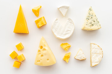 Set of different types of cheese. Dairy products flat lay