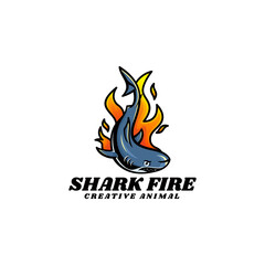 Vector Logo Illustration Shark Fire Simple Mascot Style.
