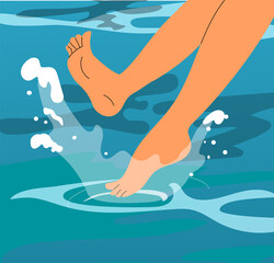 Woman feet making splashes in the blue sea water. Vector illustration in flat style, isolated.