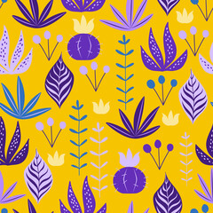 Vector seamless pattern with colorful leaves, plants and flowers in flat doodle style, vivid yellow background with purple and blue cactus