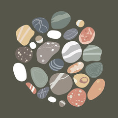 Flat sea colorful pebbles set. Small stones of different shapes and colors. Vector illustration collection.