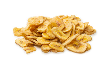Banana chips isolated on a white background. Dehydrated banana.