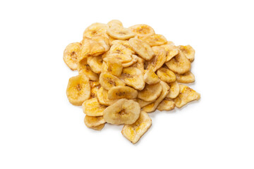 Banana chips isolated on a white background. Dehydrated banana.