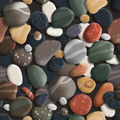 Realistic colorful sea pebbles seamless pattern.  Collection of vector volumetric illustrations, isolated.