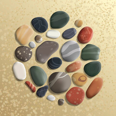 Realistic colorful sea pebbles on the sand set.  Collection of vector volumetric illustrations, isolated.