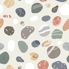 Flat sea pebbles seamless pattern. Small stones of different shapes and colors set.Vector illustration collection.