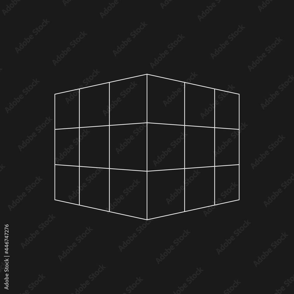 Poster retrofuturistic perspective mesh cube. digital cyber retro design element. cube in cyberpunk 80s sty