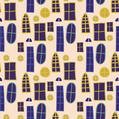 Seamless vector pattern of house spot cartoon windows in the city in pastel colors