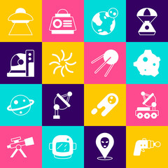 Set Ray gun, Mars rover, Asteroid, Earth globe, Black hole, Astronaut helmet, UFO flying spaceship and Satellite icon. Vector
