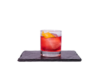 Negroni cocktail with orange peel isolated on white background