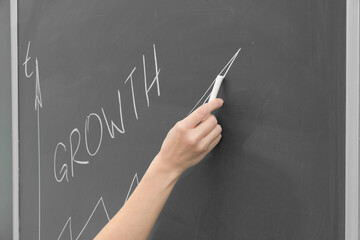 female hand of a business coach on a chalkboard in the office draws a profit graph. close-up. selective focus