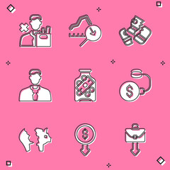 Set Employee dismissal, Global economic crisis, Credit card, Worker, Glass money jar with coin, Debt ball chained to, Broken piggy bank and Dollar rate decrease icon. Vector