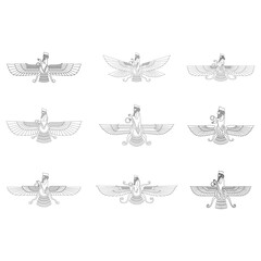 vector monochrome icon set with ancient  sumerian symbol Faravahar for your project