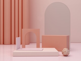 Abstract minimal scene with geometrical forms. Podiums in cream colors. Abstract background. Scene to show cosmetic podructs. Showcase, shopfront, display case. 3d render.