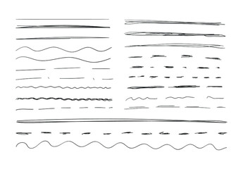 Vector Handdrawn Underline Strokes Set on White Background, Scribble Black Drawings, Collection of Different Lines.
