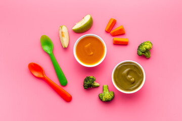Baby fruit vegetables food - mousse in bowls with fresh vegetables and fruits