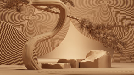 japanese style minimal abstract background .japanese garden and podium with brown background for product presentation. 3d rendering illustration.