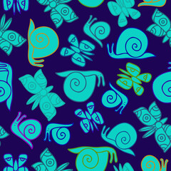 Fototapeta na wymiar Vector seamless colorful stylised pattern with abstract simple butterflies and snails