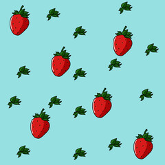 The pattern is made in the form of a natural print of ripe bright red strawberries with green twigs and leaves on a light blue background. Fabric drawing, wallpaper, design, cover, decor, decoration
