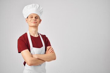 man aprons kitchen professional light background chef