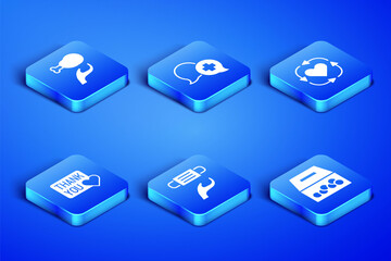 Set Donation and charity, food, Medical protective mask, Thank you with heart, Dialogue doctor and Volunteer icon. Vector