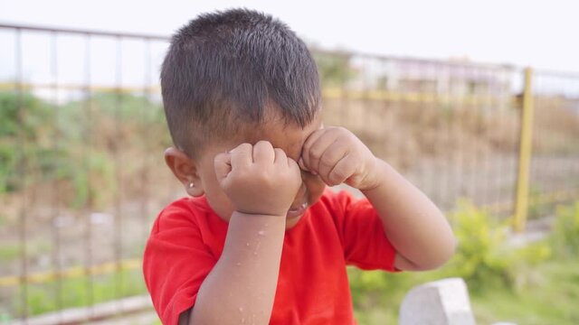 Toddler or young cute little kid acting like crying while playing at park.