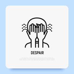 Despair thin line icon: man closed his face by hands. Frustration, loneliness, panic attack. Vector illustration of negative emotion, depression, anxiety.