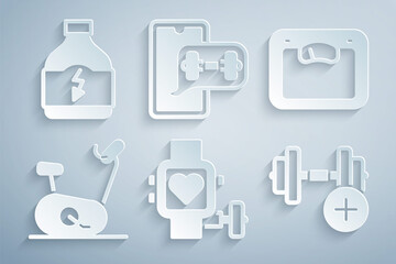Set Smart watch with heart, Bathroom scales, Stationary bicycle, Dumbbell, Fitness app and Sports nutrition icon. Vector
