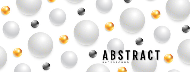 3D abstract black, white and gold spheres on pink background. Vector illustration
