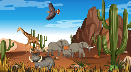 Animals in the desert forest landscape scene at daytime