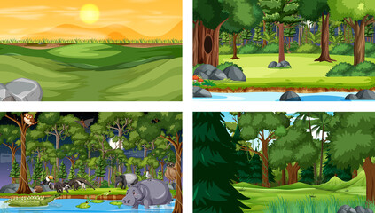 Set of different forest horizontal scene with various wild animals