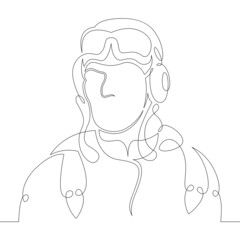 One continuous line. Male character professional aviator pilot in a retro helmet with goggles. One continuous drawing line logo isolated minimal illustration. © derplan13
