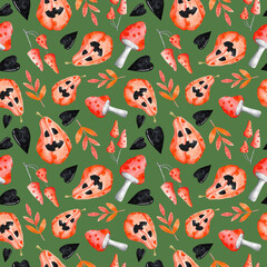 Halloween seamless pattern on green background. Watercolor Jack o'lantern, toadstools, hearts and leaves cute autumn repeat print. Mushrooms and pumpkins ornament.