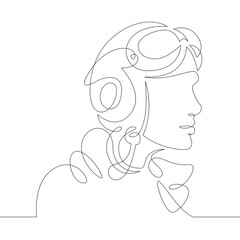 One continuous line Female character professional aviator pilot in a retro helmet with goggles. One continuous drawing line logo isolated minimal illustration. © derplan13