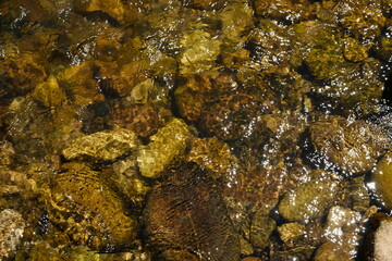 riverbed and stones and river rapids top view closeup