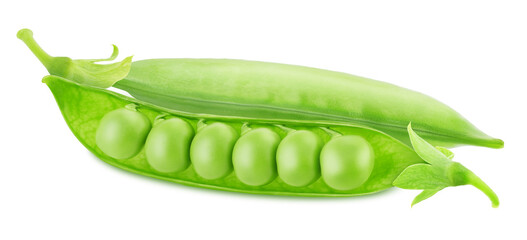 Closeup of green pea pods with beans isolated on a white background.